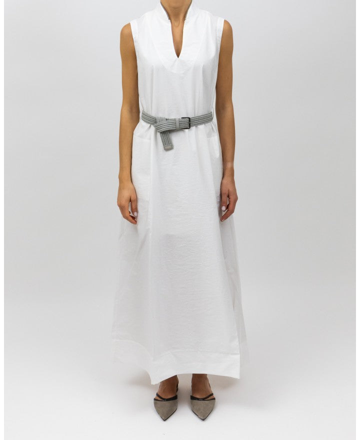 BRUNELLO CUCINELLI WOMEN'S WHITE SLEEVELESS BELTED DRESS