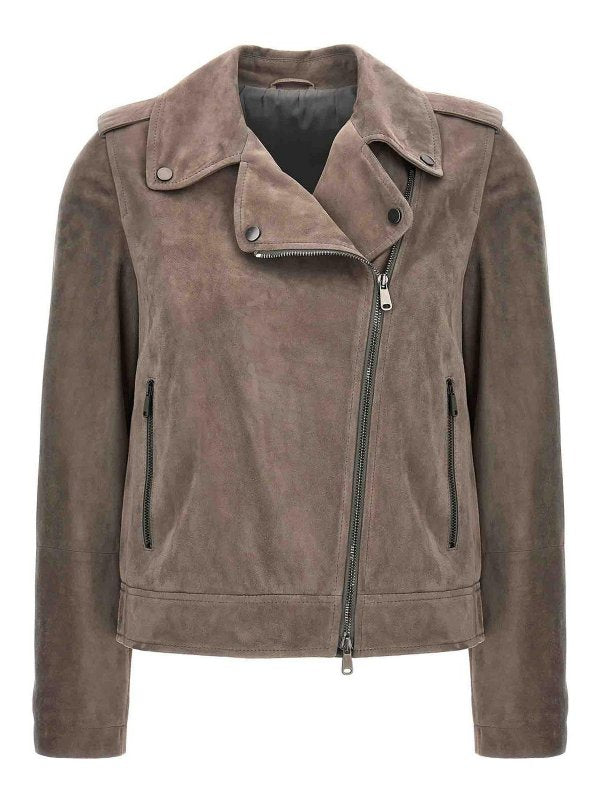 BRUNELLO CUCINELLI WOMEN'S TAUPE SUEDE BIKER JACKET