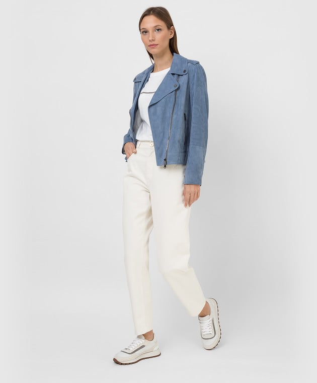 BRUNELLO CUCINELLI WOMEN'S LIGHT BLUE LEATHER BIKER JACKET