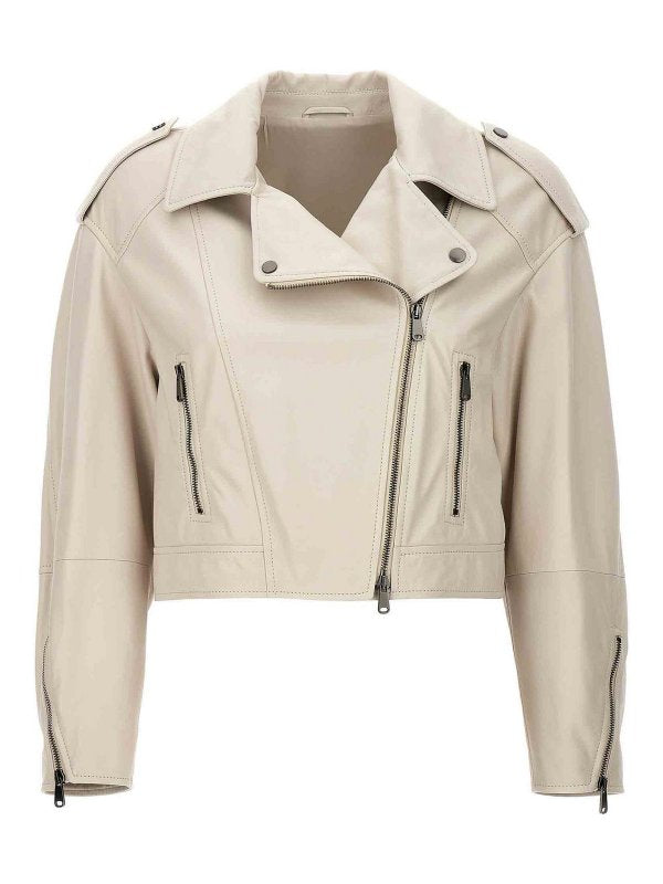 BRUNELLO CUCINELLI WOMEN'S OFF WHITE LEATHER CROPPED JACKET