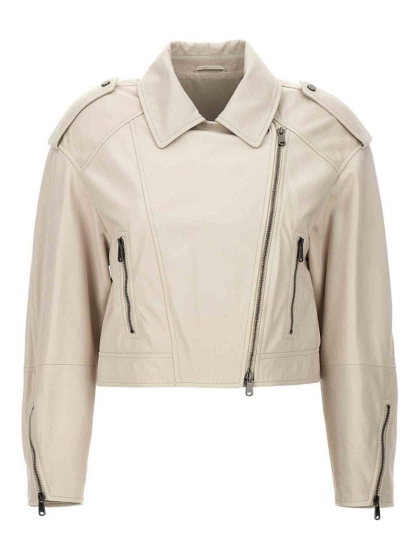 BRUNELLO CUCINELLI WOMEN'S OFF WHITE LEATHER CROPPED JACKET