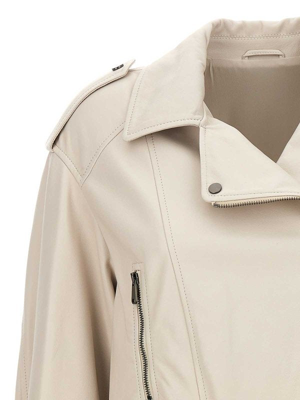 BRUNELLO CUCINELLI WOMEN'S OFF WHITE LEATHER CROPPED JACKET