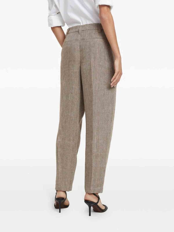 BRUNELLO CUCINELLI WOMEN'S LIGHT BROWN LINEN TAPERED TROUSERS