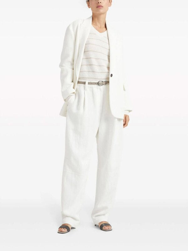 BRUNELLO CUCINELLI WOMEN'S OFF WHITE LINEN TAPERED TROUSERS