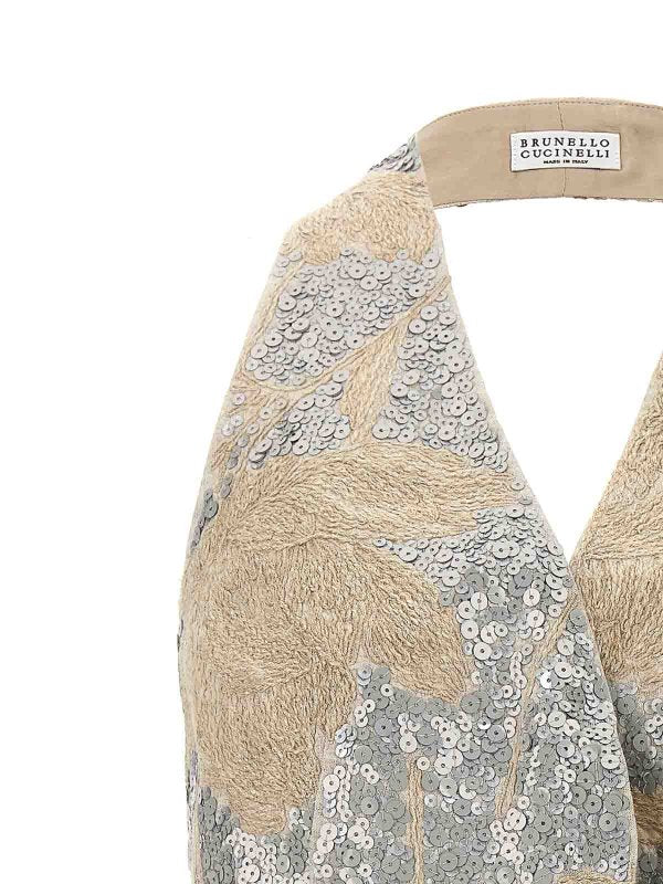 BRUNELLO CUCINELLI WOMEN'S BEIGE EMBROIDERED LINEN VEST