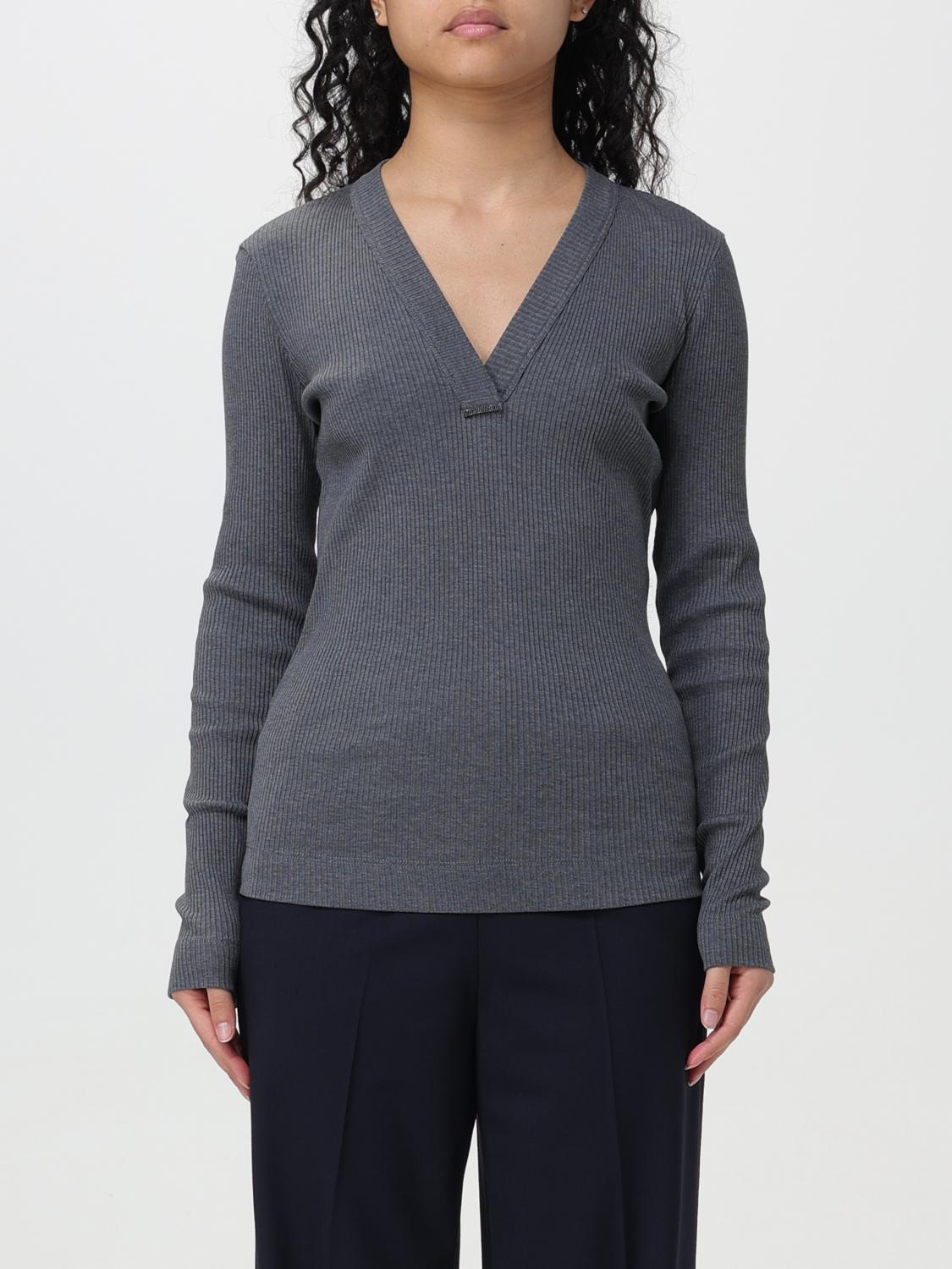 BRUNELLO CUCINELLI WOMEN'S DARK GREY RIBBED V NECK SHIRT