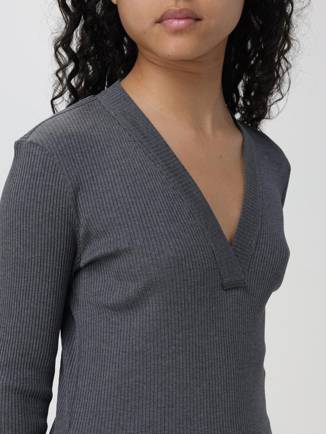 BRUNELLO CUCINELLI WOMEN'S DARK GREY RIBBED V NECK SHIRT