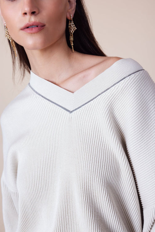 BRUNELLO CUCINELLI WOMEN'S BEIGE RIBBED V NECK SWEATER