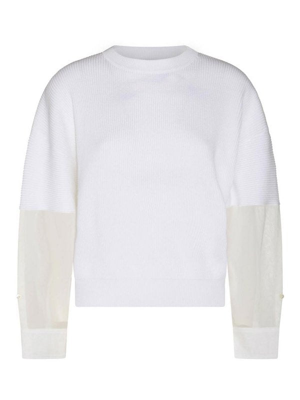 BRUNELLO CUCINELLI WOMEN'S WHITE COTTON MIXED SLEEVE SWEATER