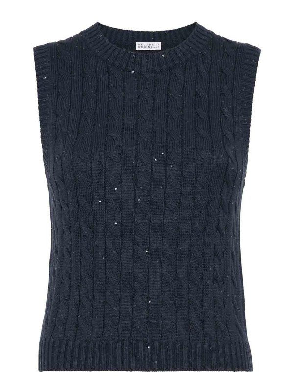BRUNELLO CUCINELLI WOMEN'S DARK BLUE CABLE KNIT SWEATER