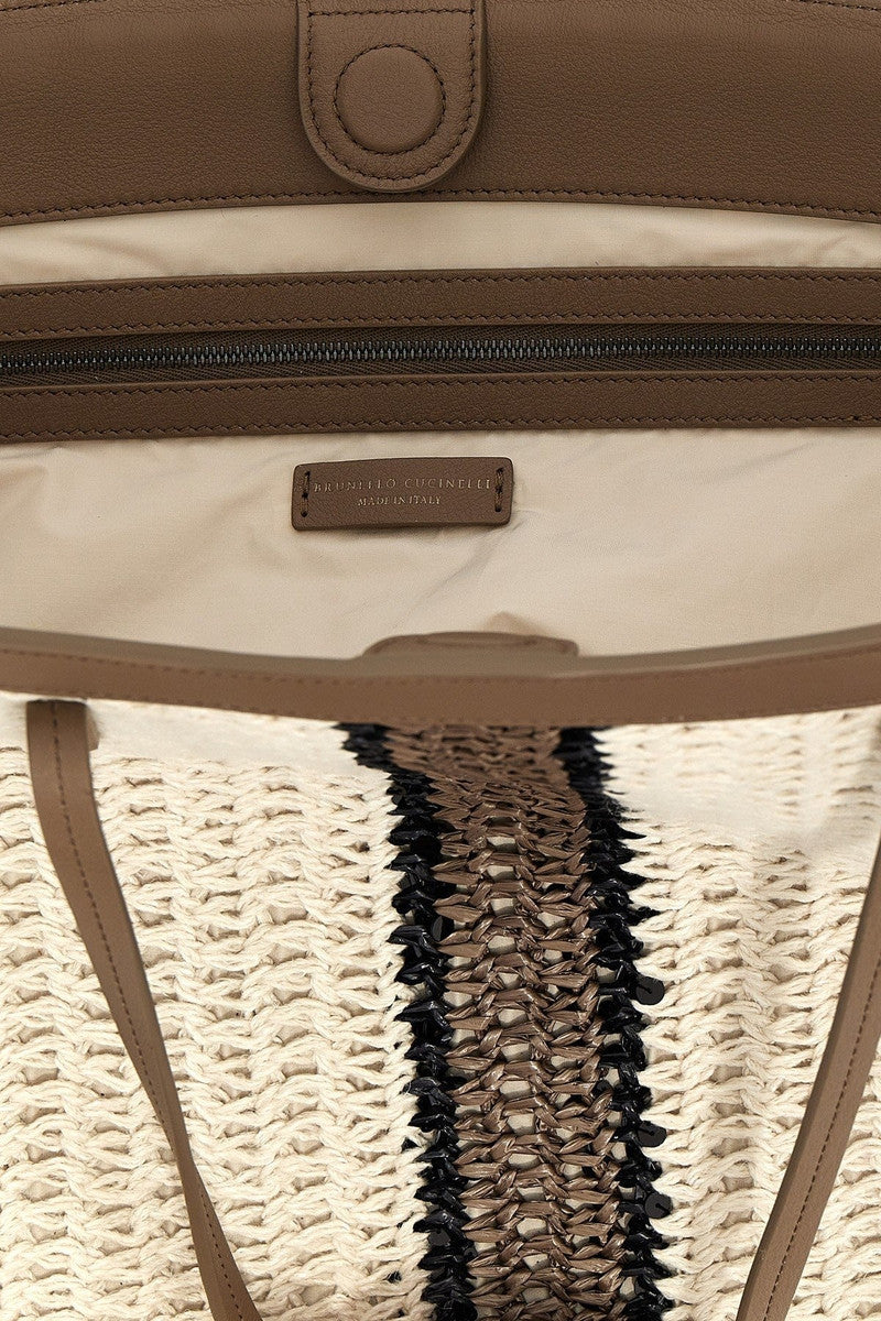 BRUNELLO CUCINELLI WOMEN'S WHITE BEIGE STRIPED WOVEN TOTE BAG