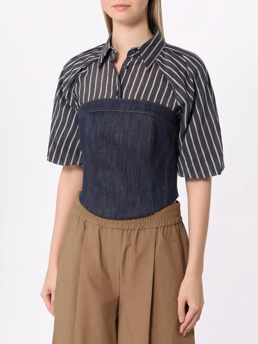 BRUNELLO CUCINELLI WOMEN'S BLUE COTTON BLEND STRAPLESS BUSTIER TOP