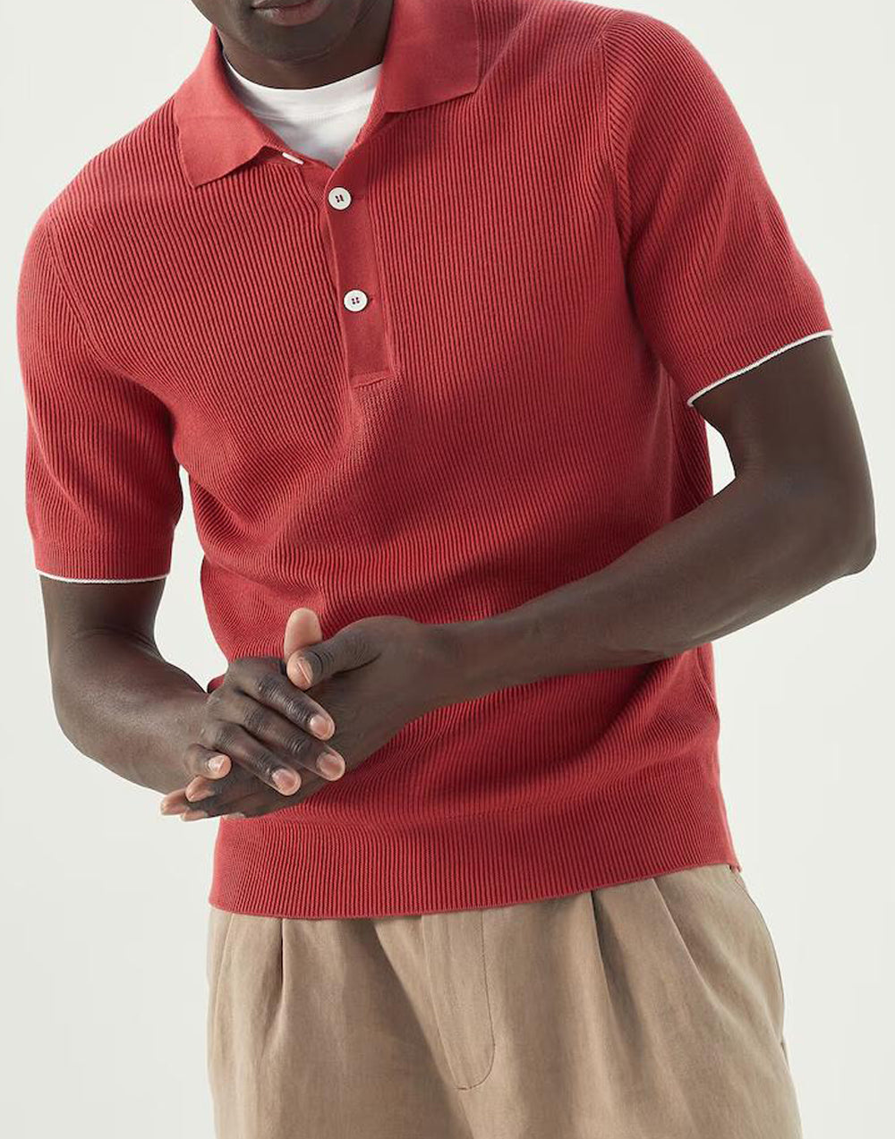BRUNELLO CUCINELLI MEN'S RED SHORT-SLEEVE KNIT POLO SWEATER