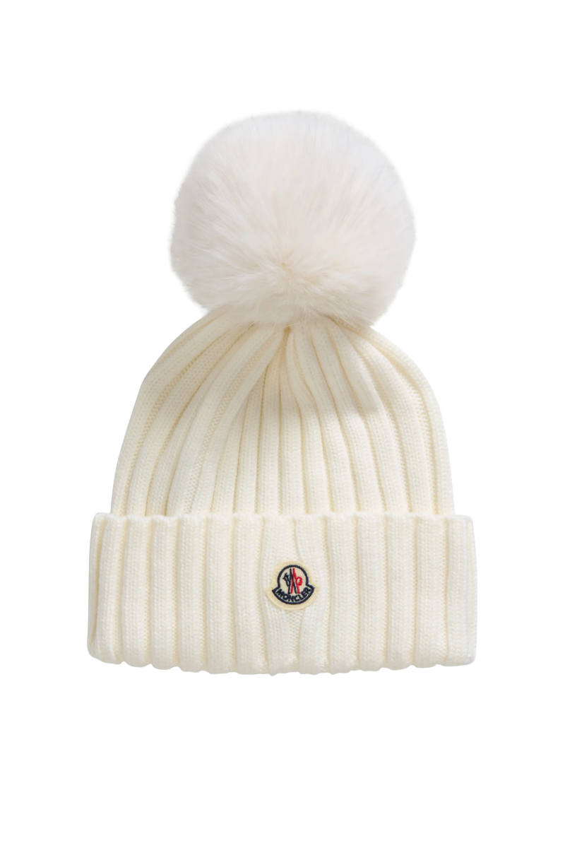 Moncler Virgin Wool Rib Beanie with Faux Fur Pompom White