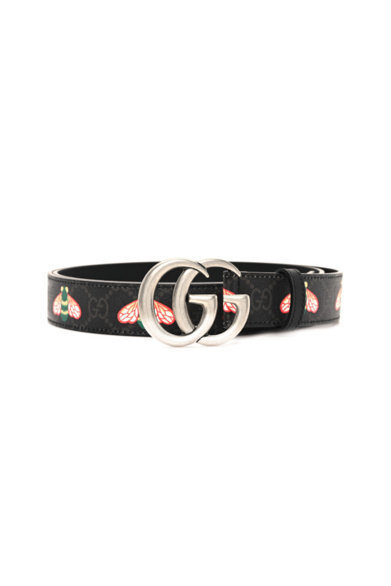 Gucci GG Supreme Monogram Bee Multicolor Appia Calfskin 30mm Belt - Black