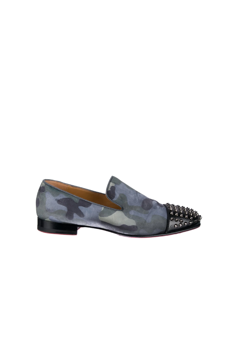Christian Louboutin Suede Mens Spooky Spiked Flat Loafers Green Blue