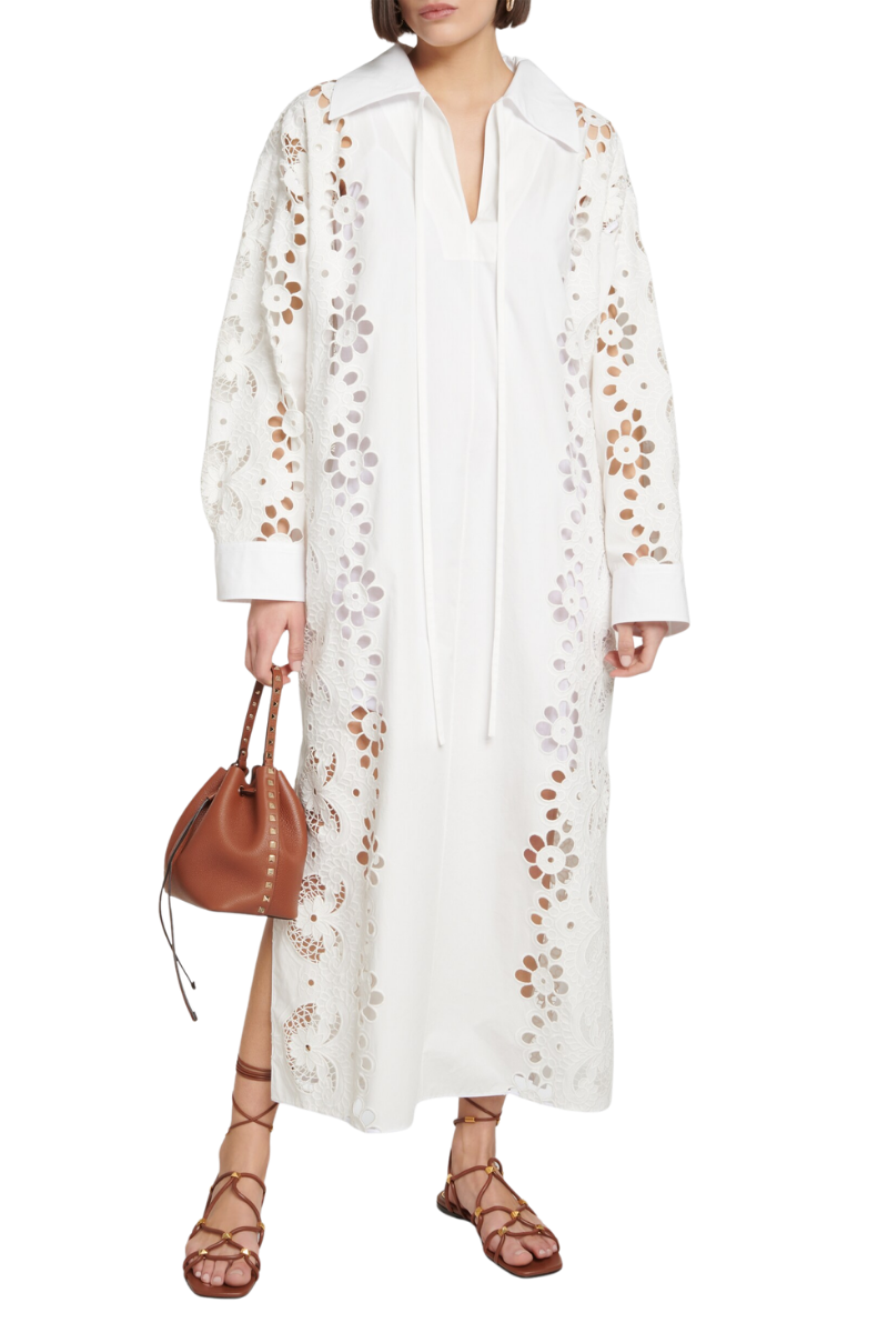 Valentino Women'S White Embroidered Cotton Midi Dress Bianco 2B3VA2U07SV_0BO