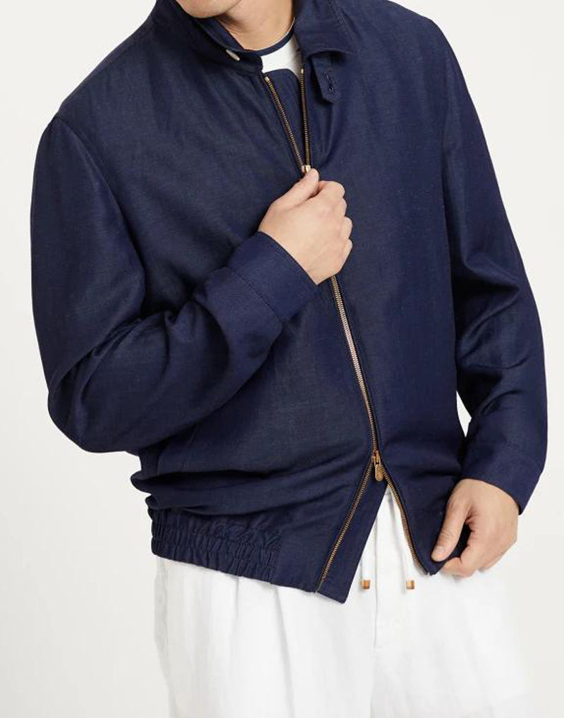 BRUNELLO CUCINELLI MEN'S NAVY WOOL LINEN ZIP JACKET