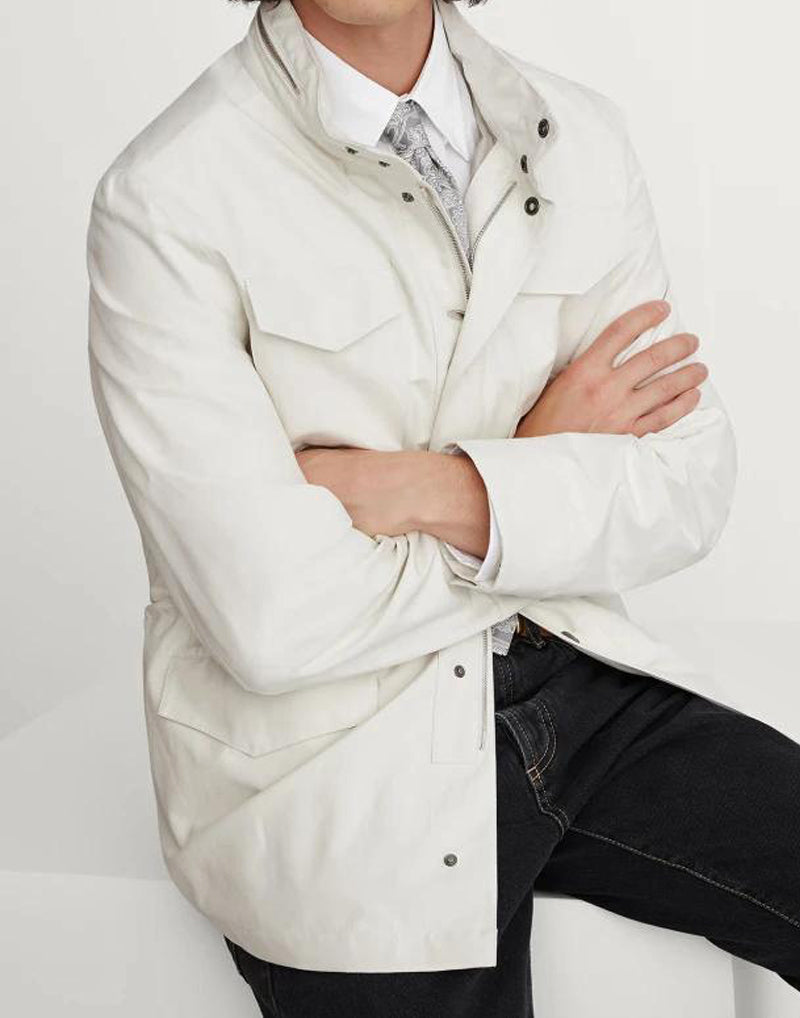 BRUNELLO CUCINELLI MEN'S ECRU LINEN SILK FIELD JACKET