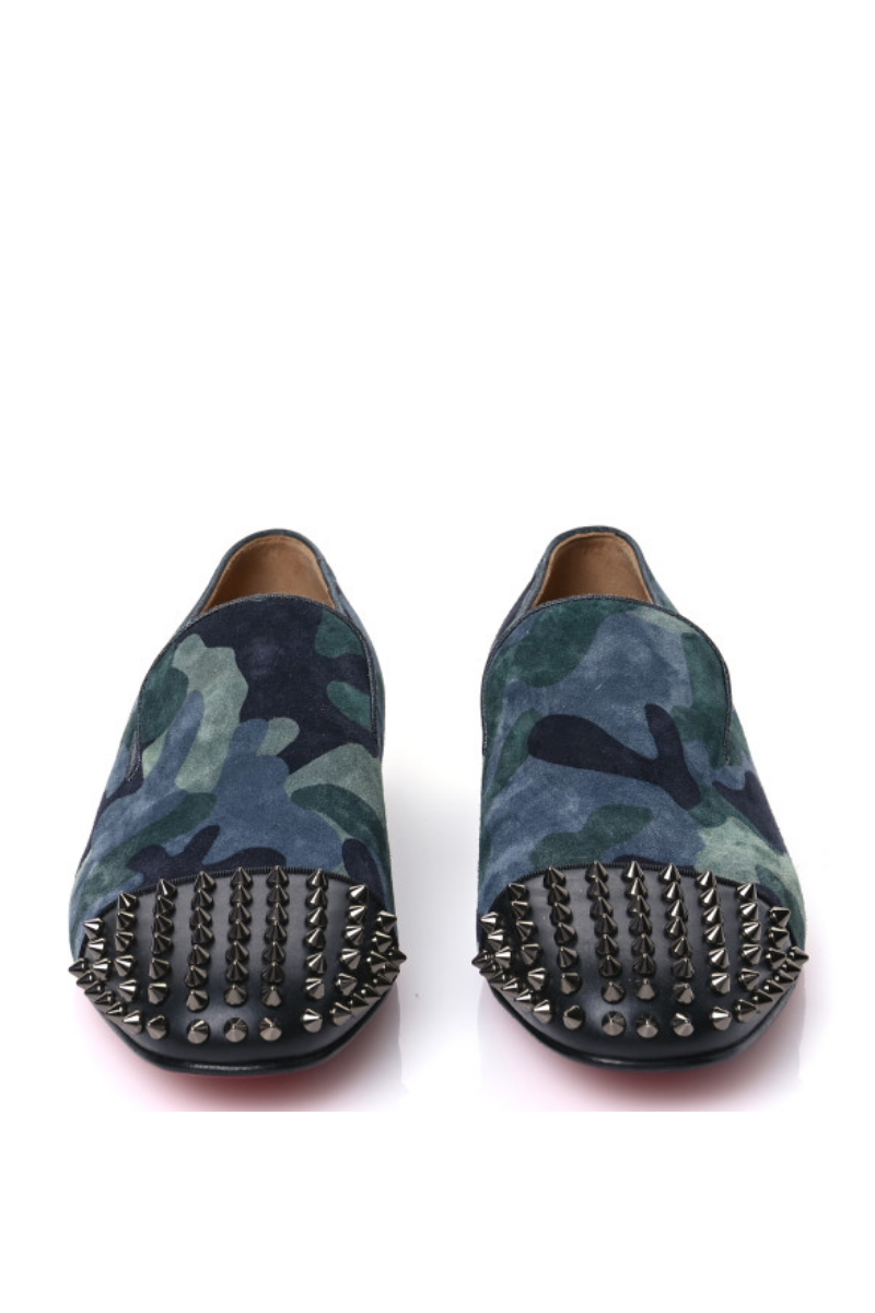 Christian Louboutin Suede Mens Spooky Spiked Flat Loafers Green Blue