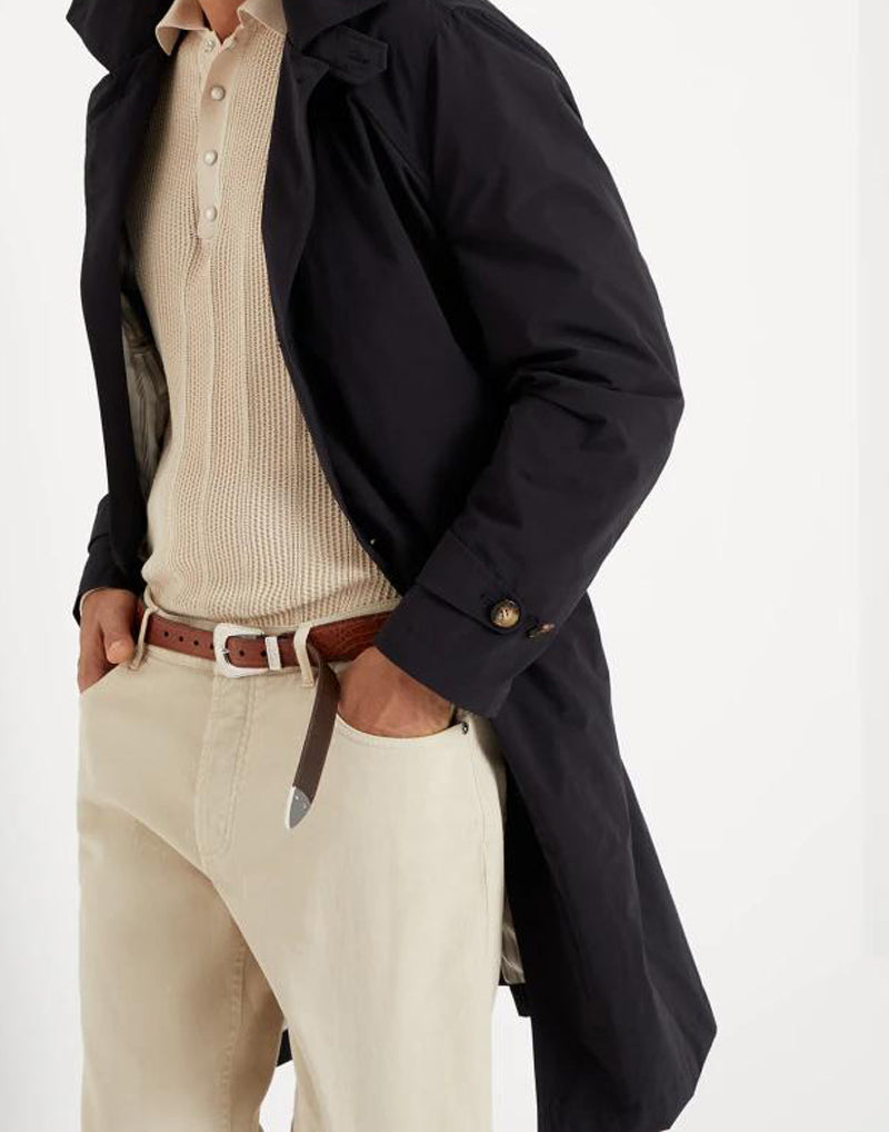 BRUNELLO CUCINELLI MEN'S BLUE TAILORED TRENCH COAT