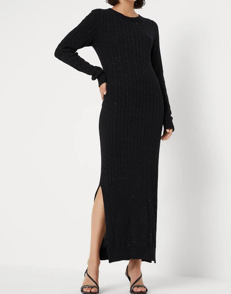 BRUNELLO CUCINELLI WOMEN'S BLACK COTTON CABLE KNIT MAXI DRESS