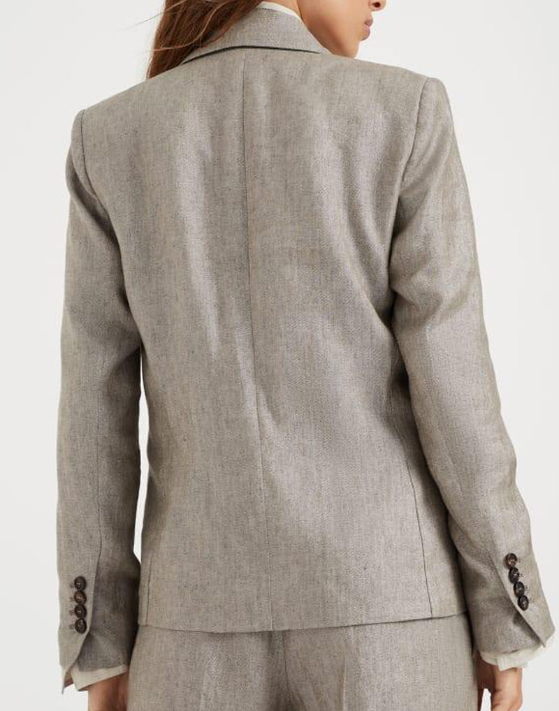 BRUNELLO CUCINELLI WOMEN'S BROWN LINEN DOUBLE-BREASTED BLAZER