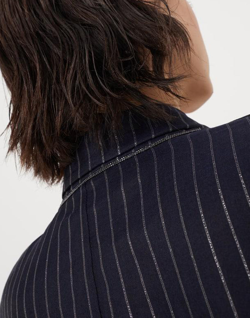BRUNELLO CUCINELLI WOMEN'S BLUE PINSTRIPE DECONSTRUCTED JACKET