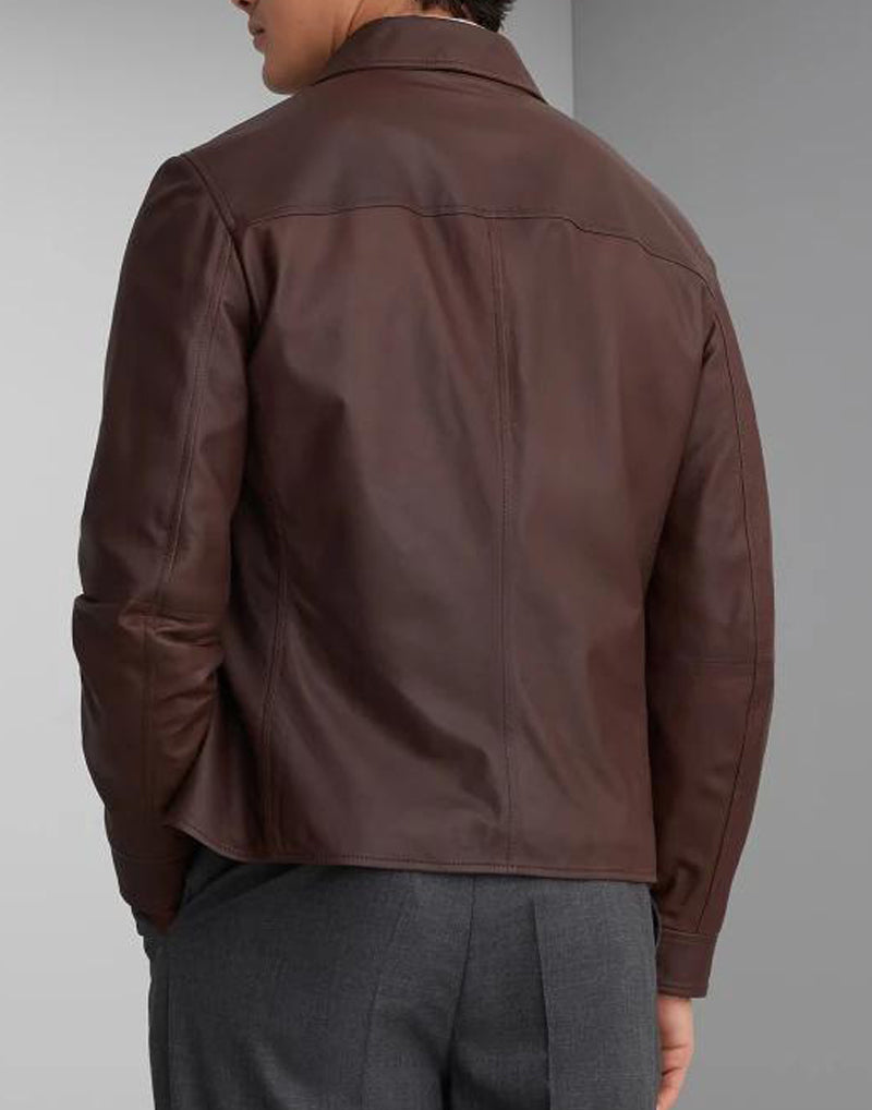 BRUNELLO CUCINELLI MEN'S BROWN LEATHER BUTTON JACKET
