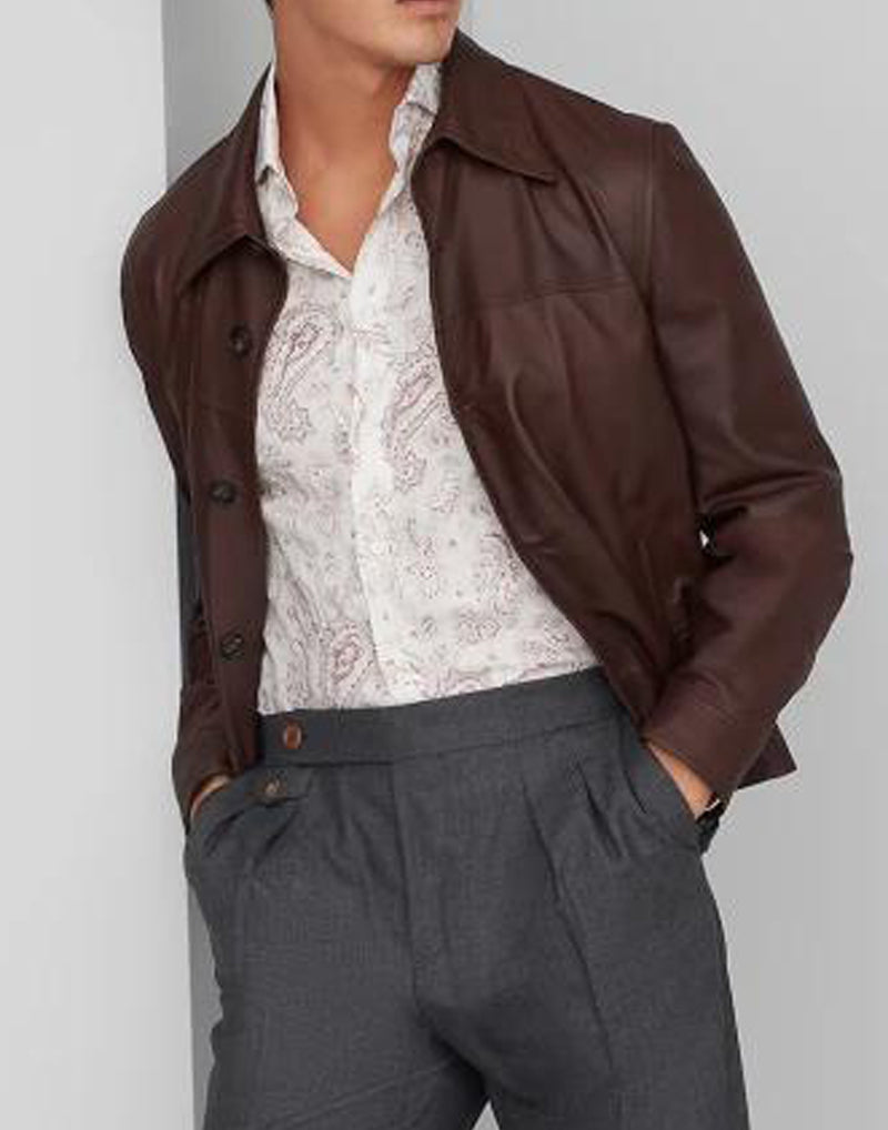 BRUNELLO CUCINELLI MEN'S BROWN LEATHER BUTTON JACKET