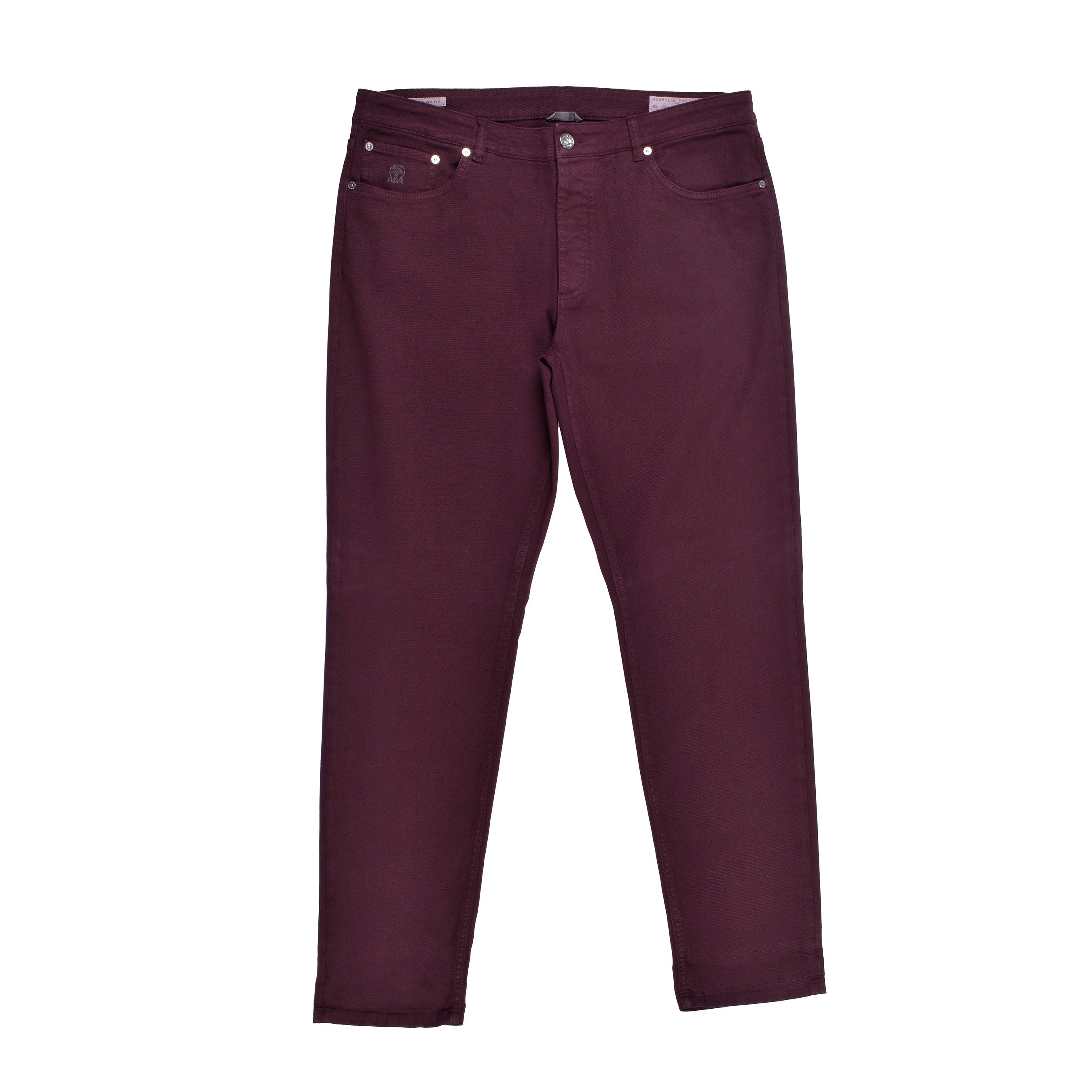 BRUNELLO CUCINELLI MEN'S BURGUNDY DENIM FIVE-POCKET TROUSERS