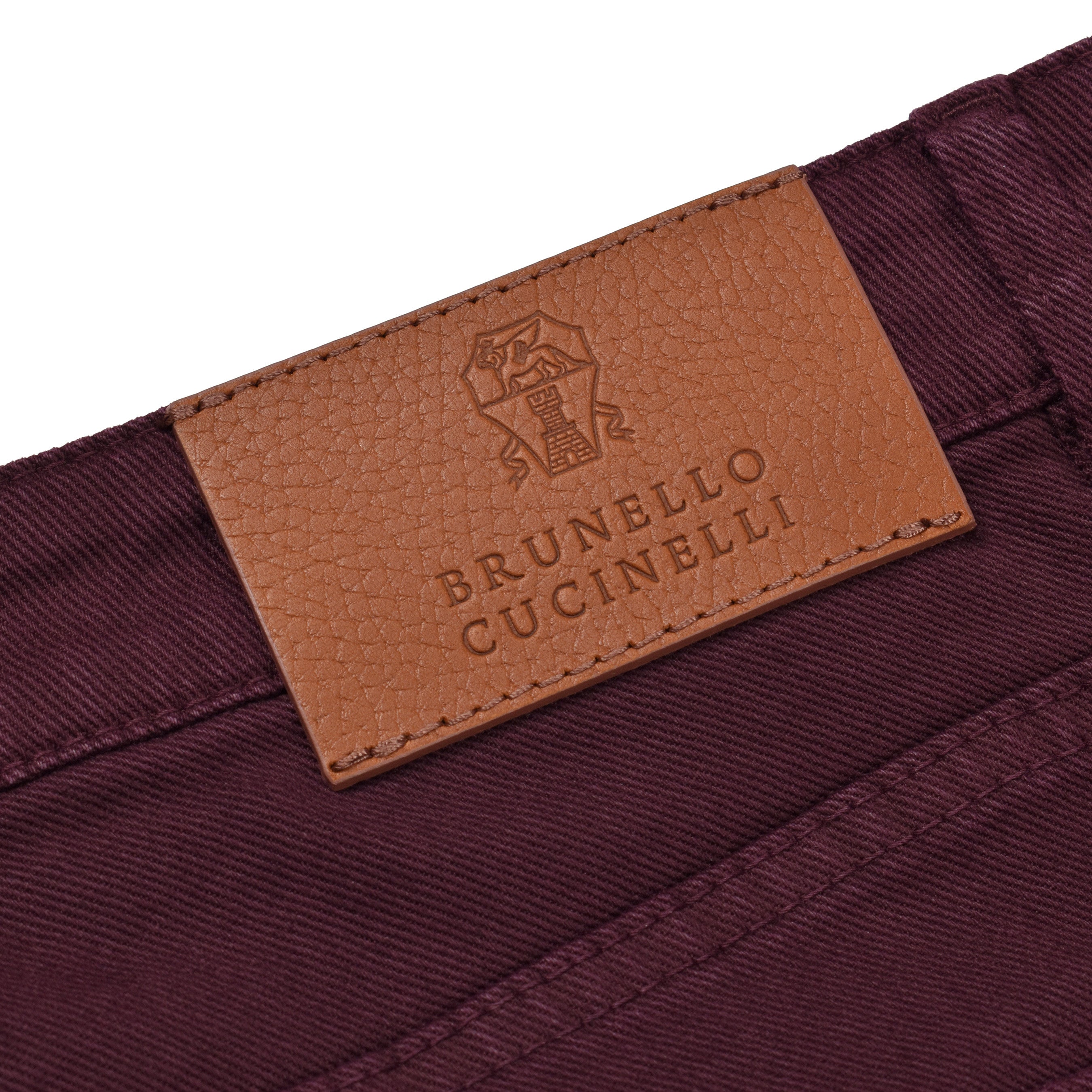 BRUNELLO CUCINELLI MEN'S BURGUNDY DENIM FIVE-POCKET TROUSERS