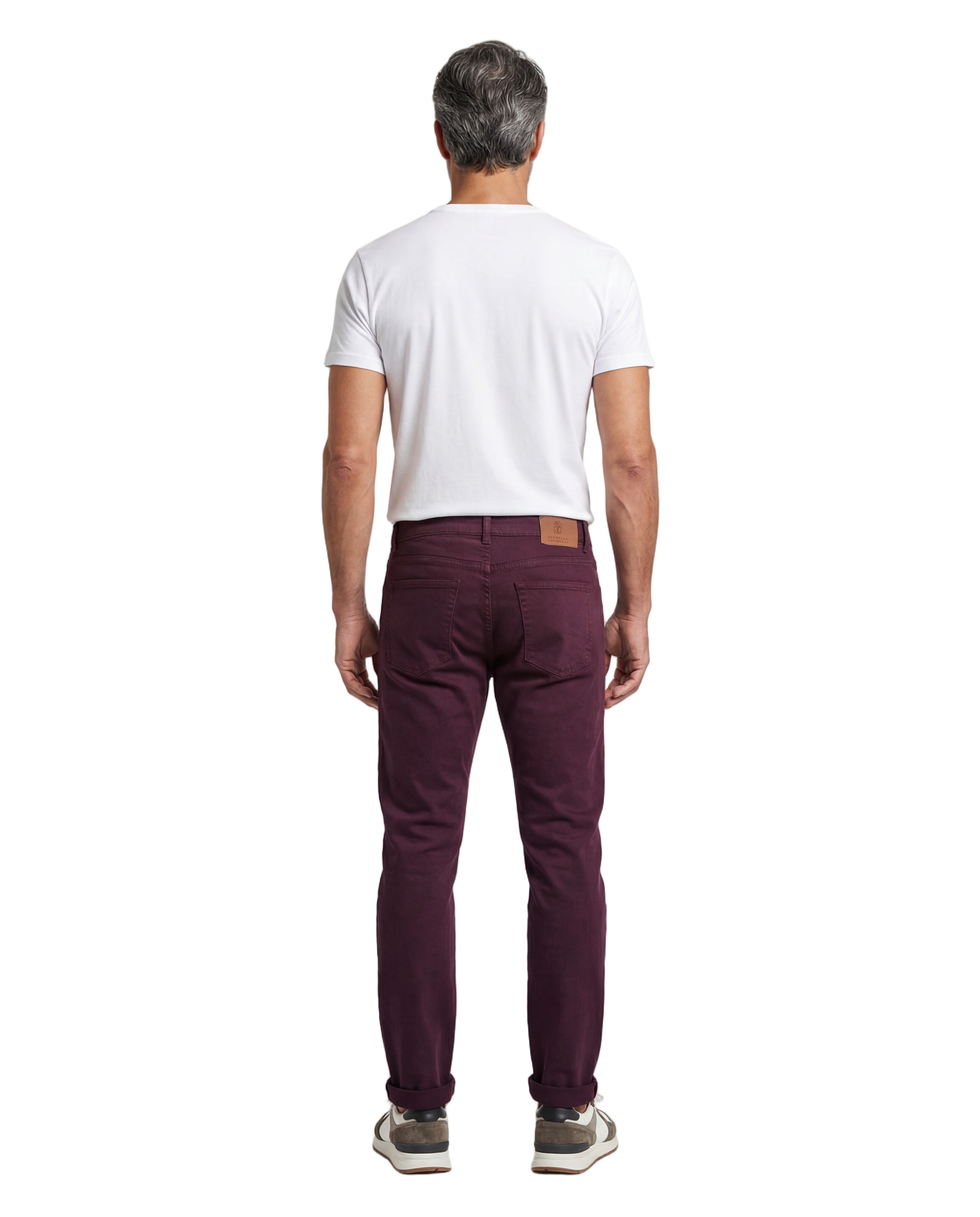 BRUNELLO CUCINELLI MEN'S BURGUNDY COTTON DENIM TROUSERS
