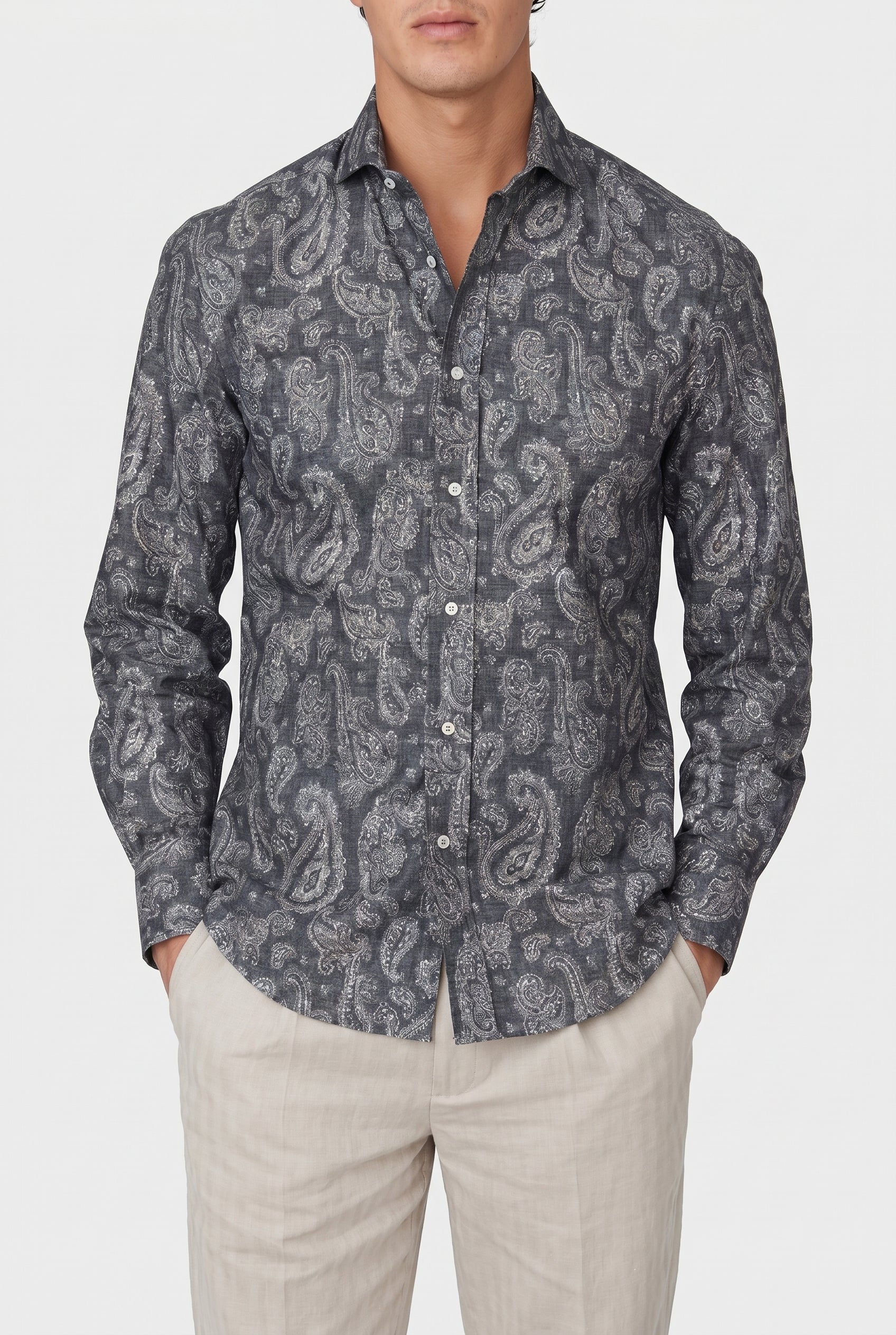 BRUNELLO CUCINELLI MEN'S DARK GREY SLIM FIT PAISLEY SHIRT NWT
