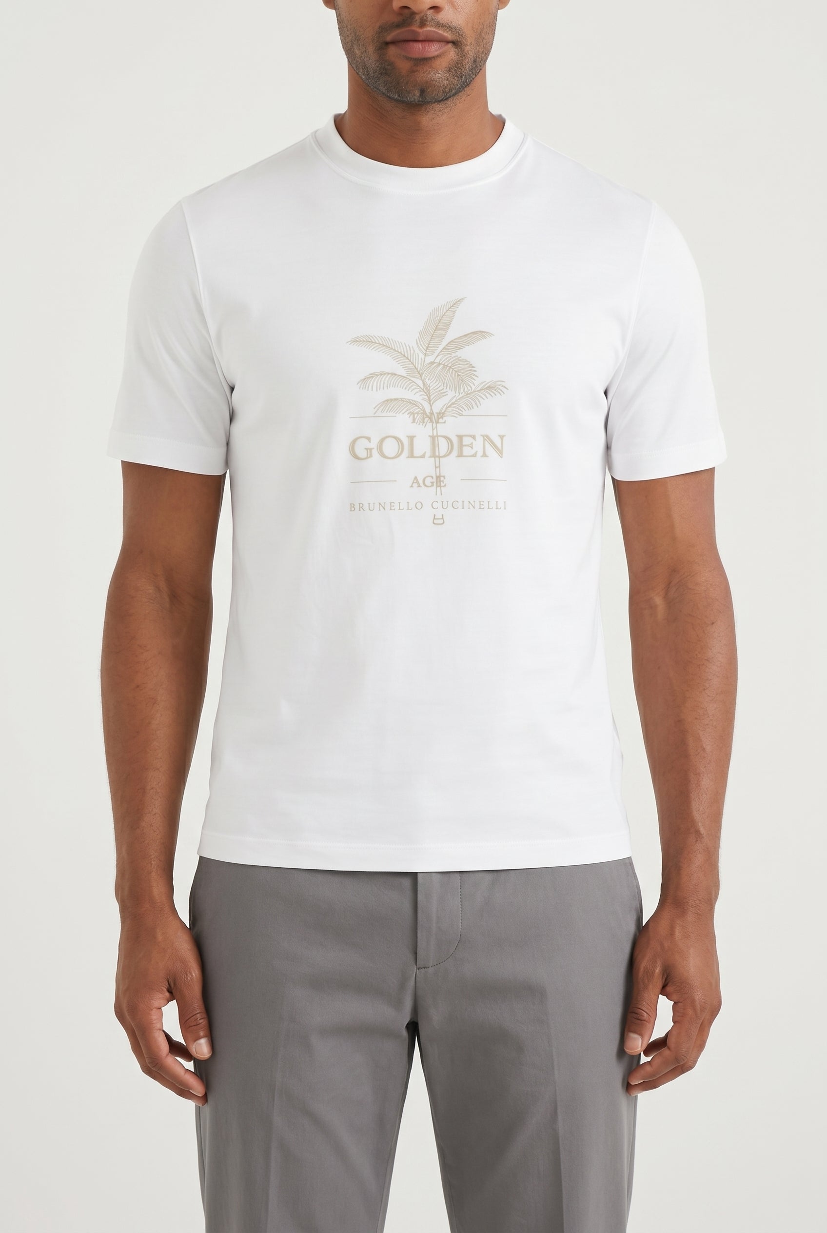 BRUNELLO CUCINELLI MEN'S OPTICAL WHITE COTTON CREWNECK T-SHIRT WITH PRINT