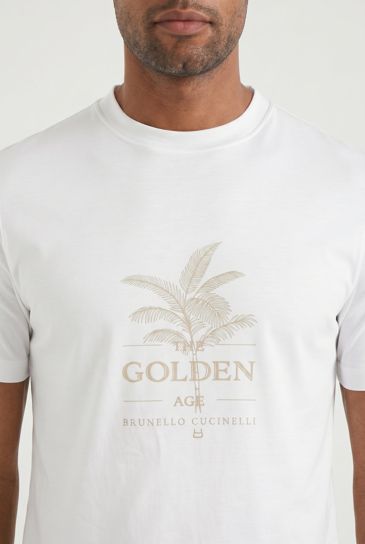 BRUNELLO CUCINELLI MEN'S OPTICAL WHITE COTTON CREWNECK T-SHIRT WITH PRINT