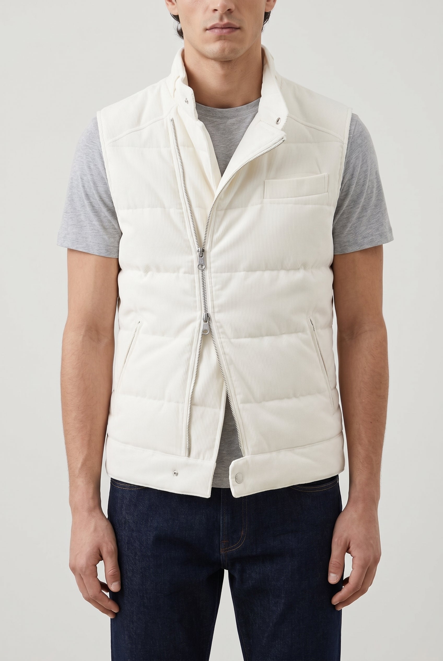 BRUNELLO CUCINELLI MEN'S WHITE DOWN QUILTED VEST