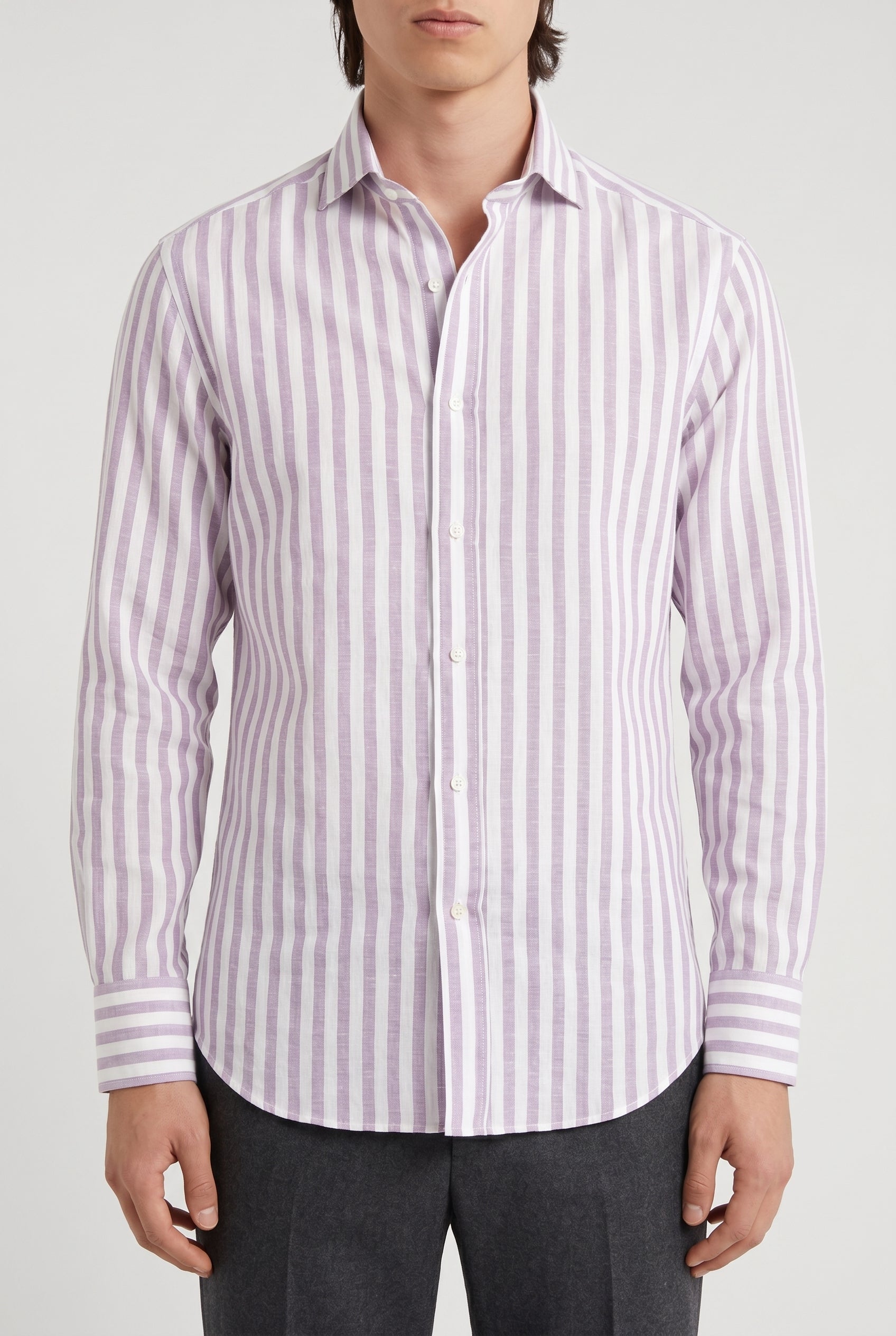 BRUNELLO CUCINELLI MEN'S WHITE LAVENDER CASHMERE BLEND STRIPED SHIRT