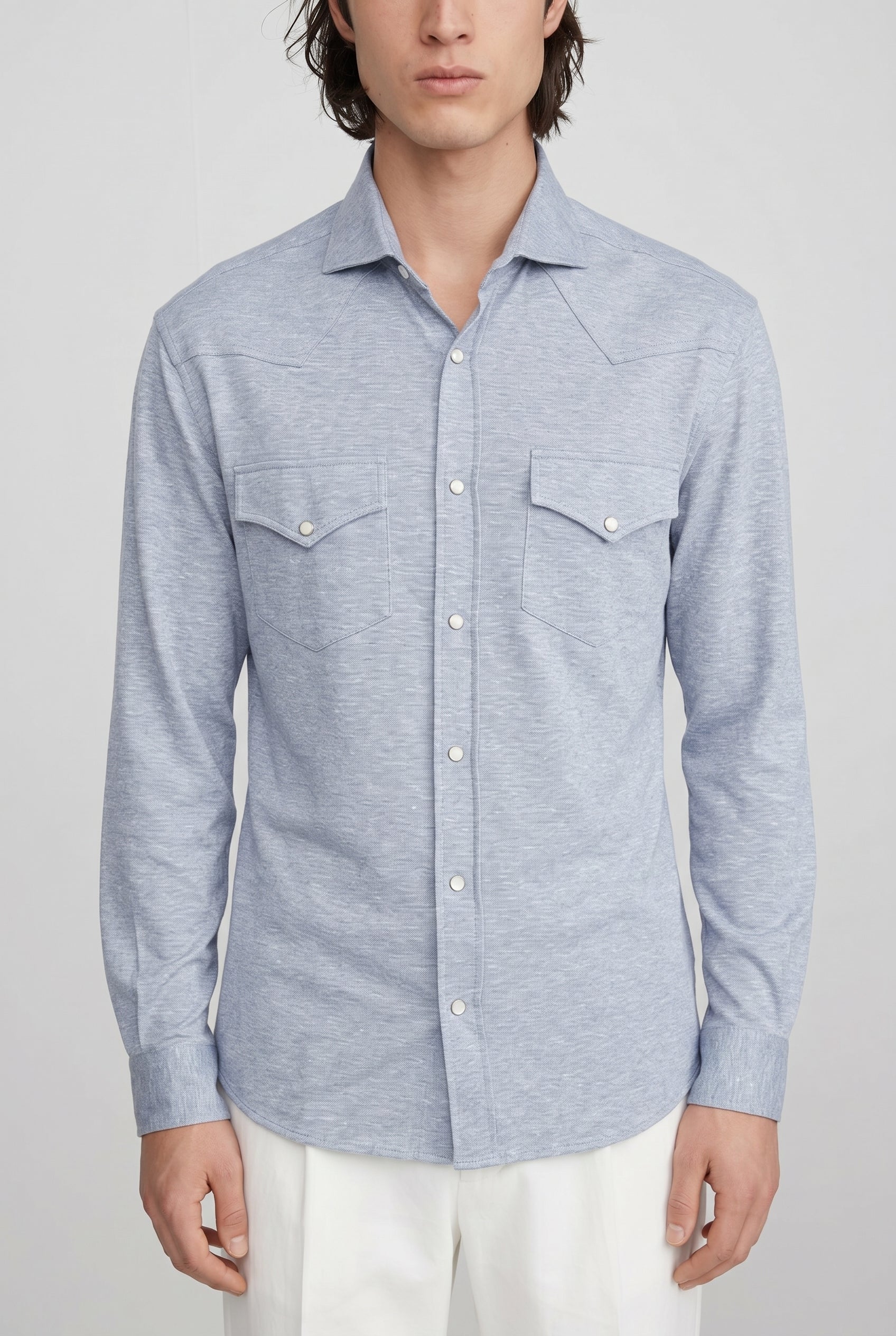 BRUNELLO CUCINELLI MEN'S LIGHT BLUE LINEN COTTON WESTERN SHIRT