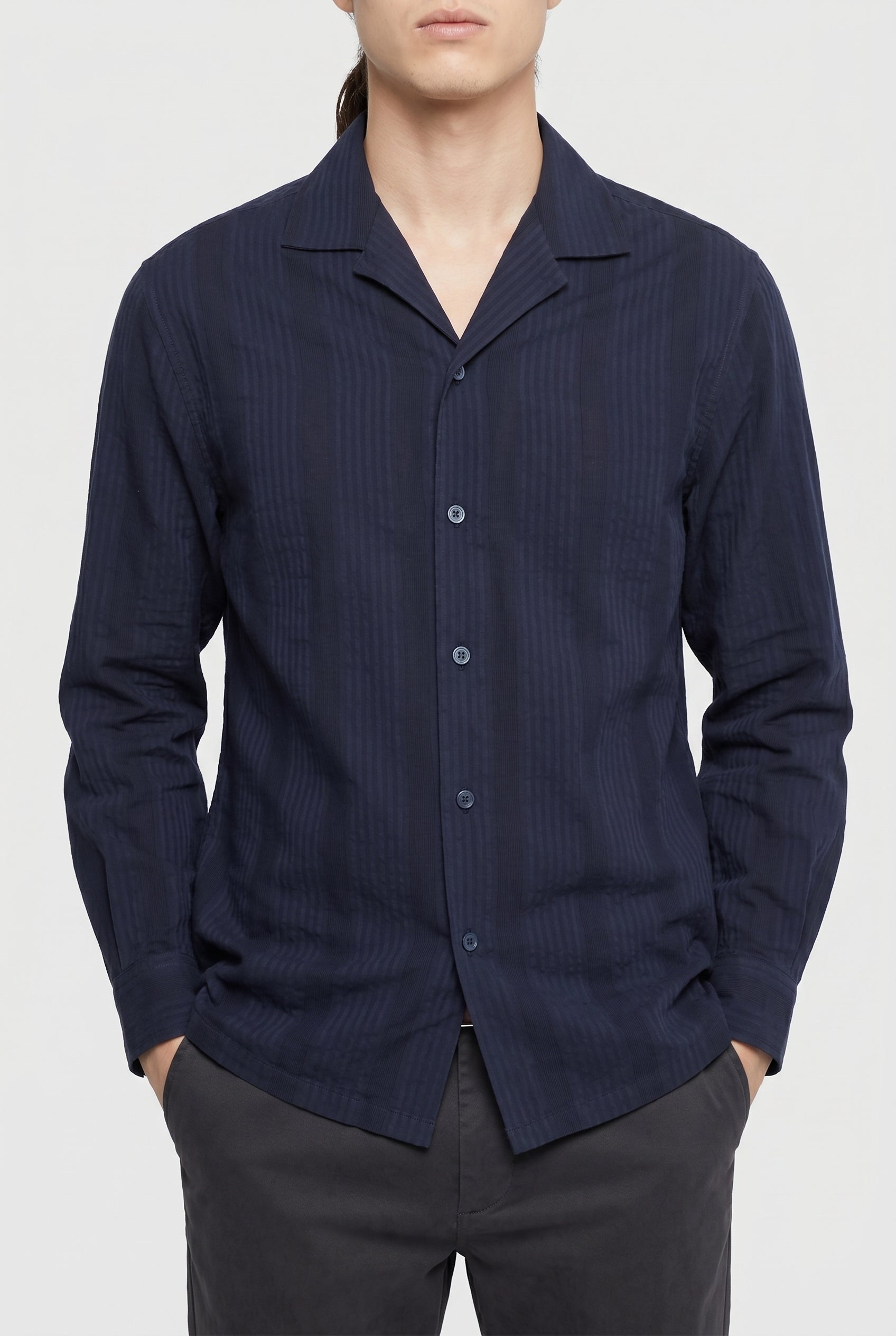 BRUNELLO CUCINELLI MEN'S NAVY BUTTON-UP SHIRT
