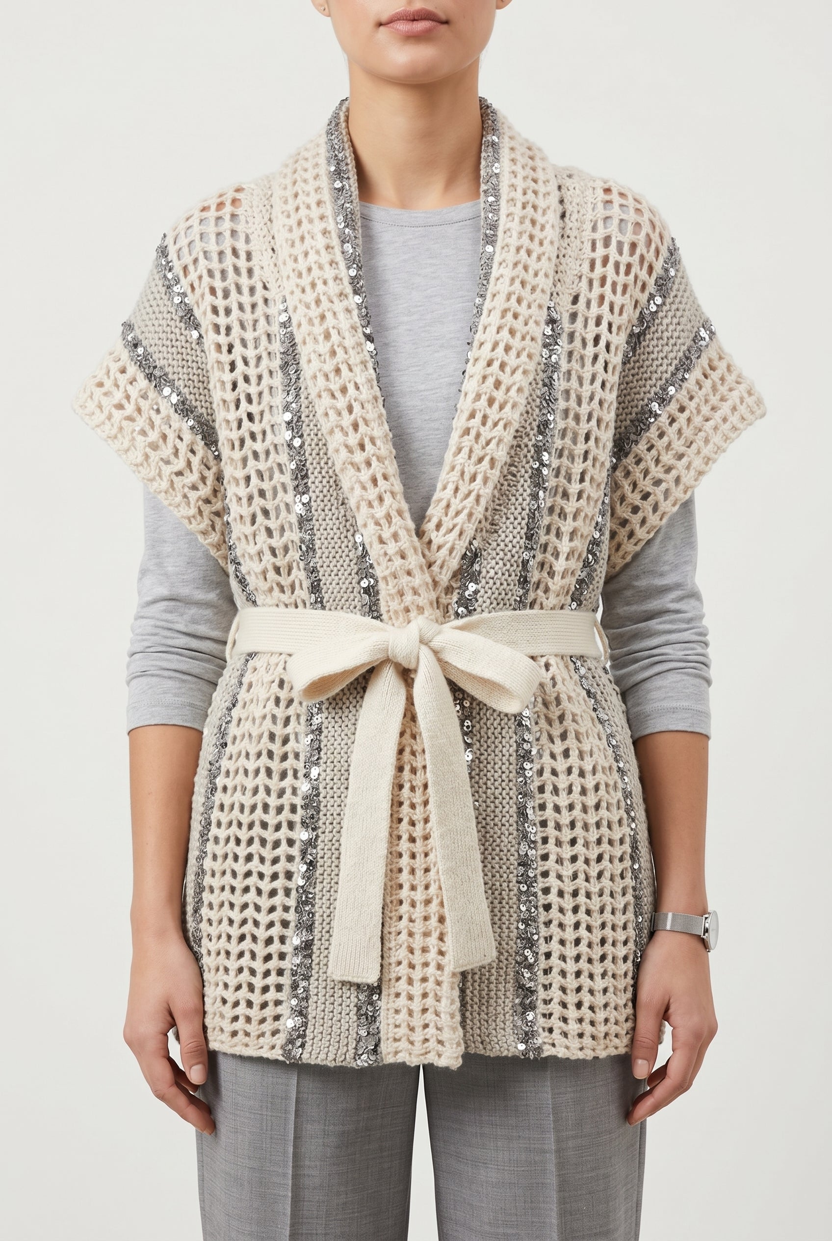BRUNELLO CUCINELLI WOMEN'S BEIGE OPENWORK BELTED SWEATER