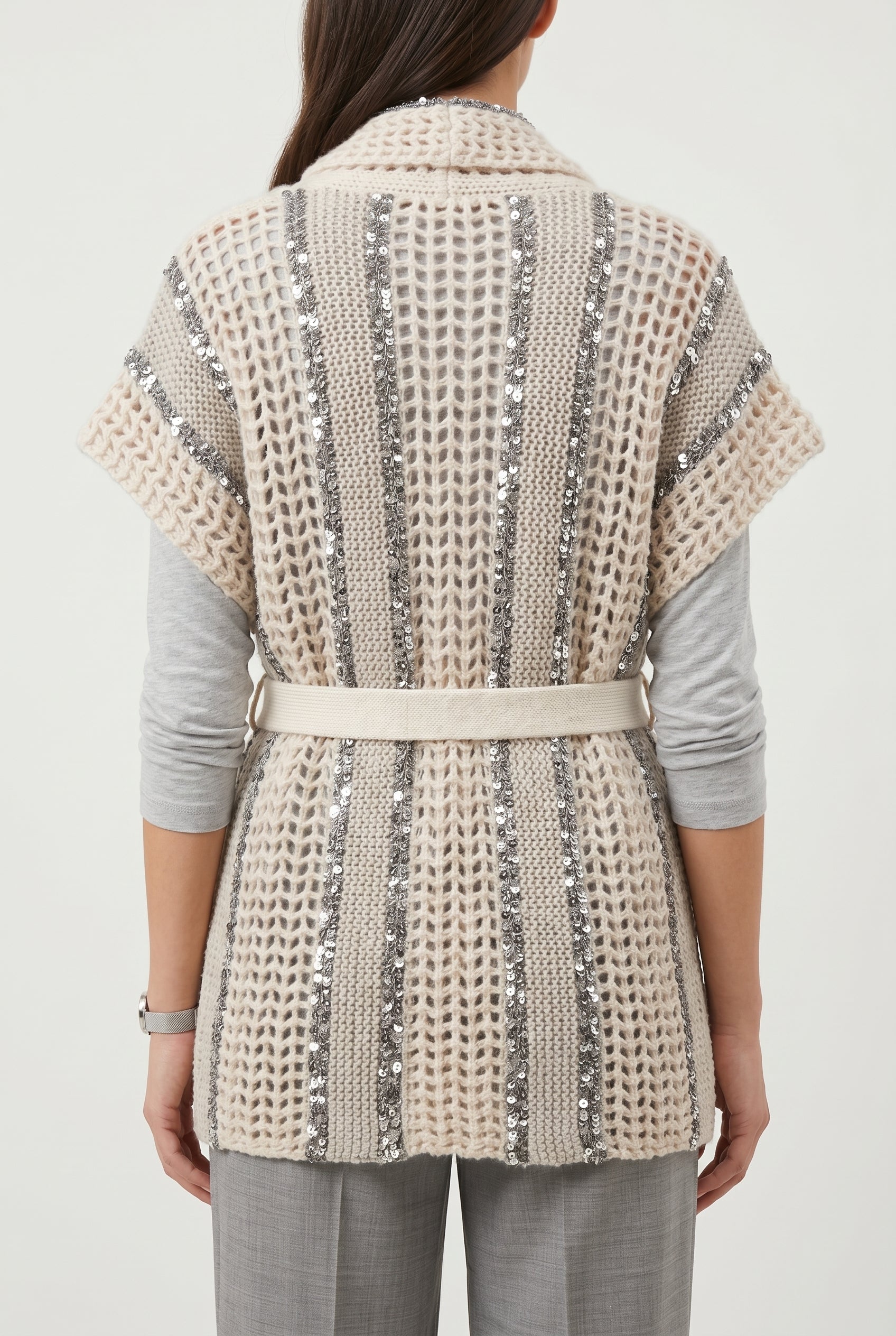 BRUNELLO CUCINELLI WOMEN'S BEIGE OPENWORK BELTED SWEATER