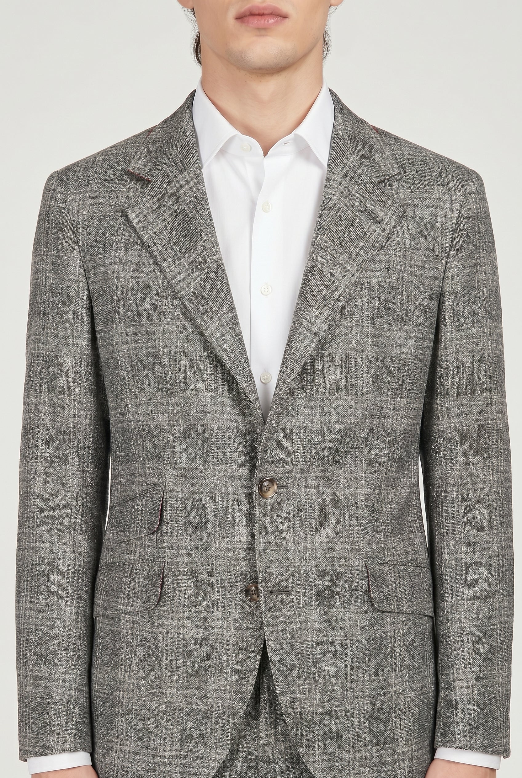 BRUNELLO CUCINELLI MEN'S MEDIUM GREY PLAID TAILORED SUIT