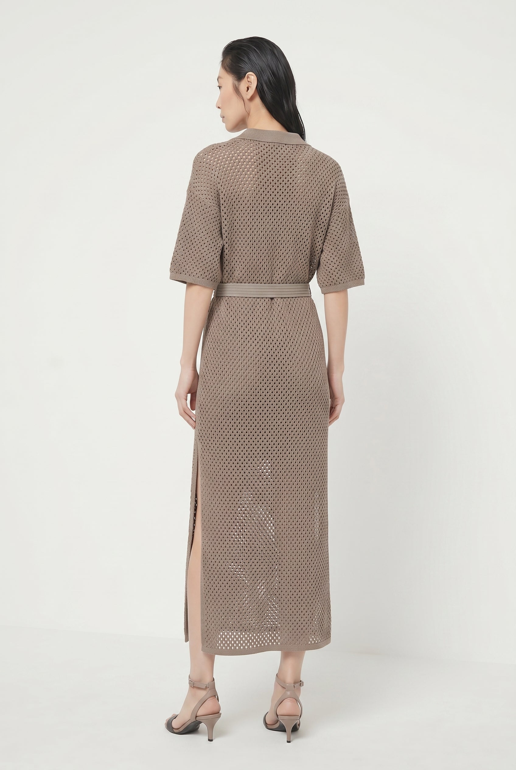 BRUNELLO CUCINELLI WOMEN'S TAUPE BELTED OPENWORK DRESS