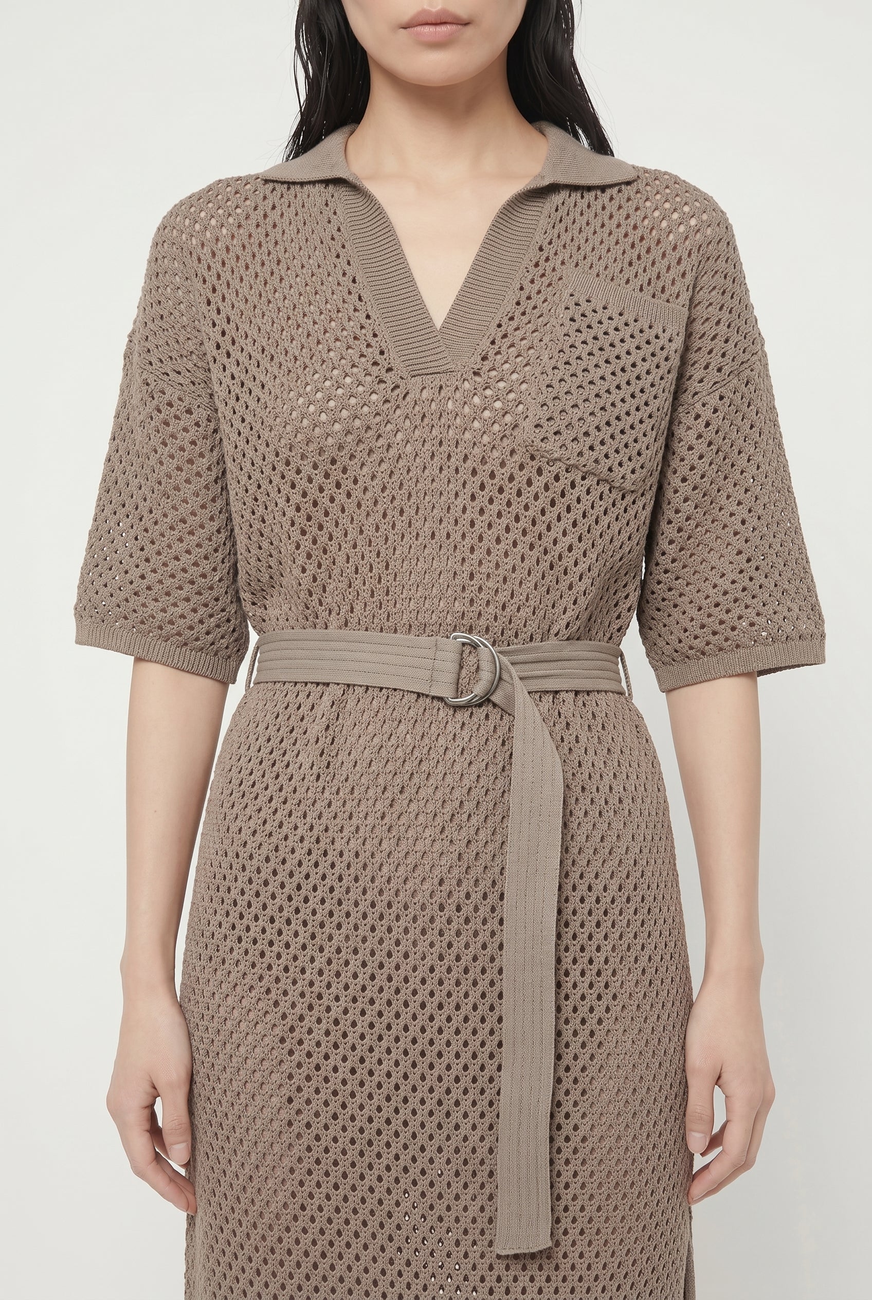 BRUNELLO CUCINELLI WOMEN'S TAUPE BELTED OPENWORK DRESS