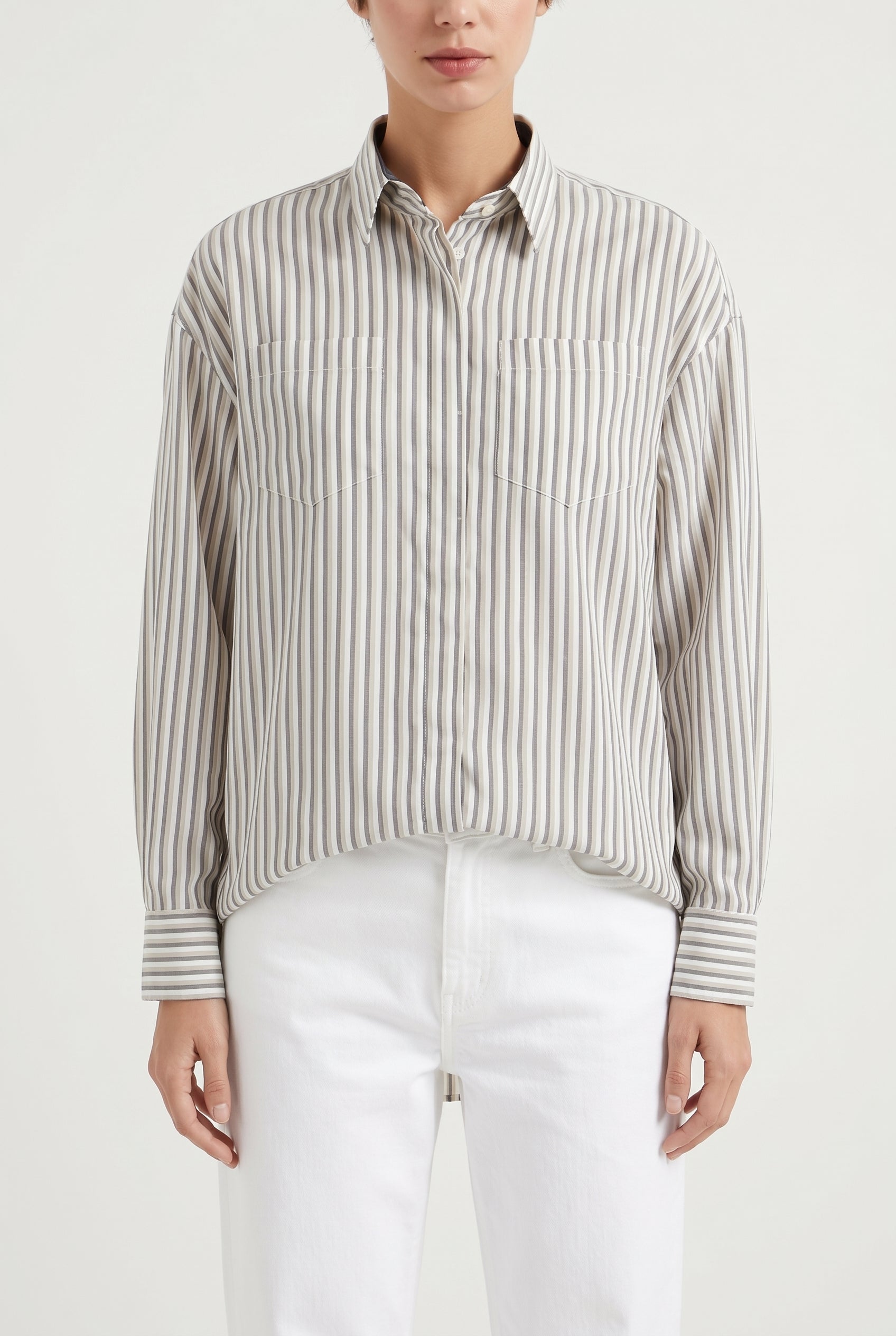 BRUNELLO CUCINELLI WOMEN'S BEIGE STRIPED SILK SHIRT