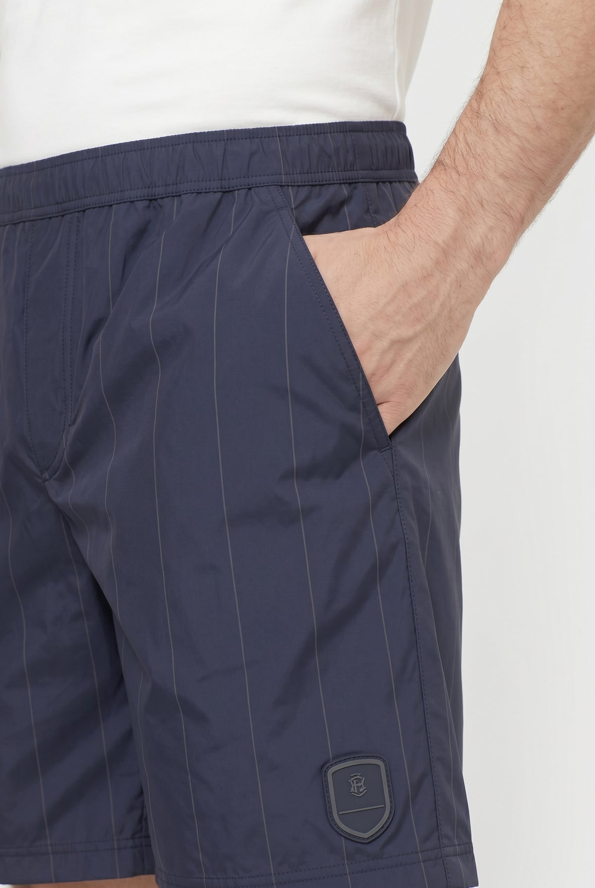 BRUNELLO CUCINELLI MEN'S BLUE PINSTRIPE GYM SHORTS