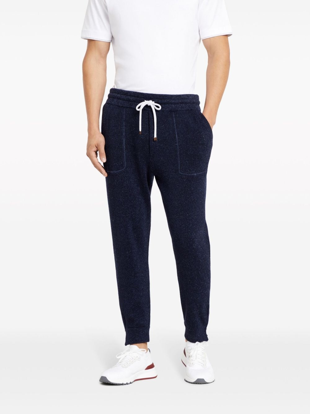 BRUNELLO CUCINELLI MEN'S NAVY COTTON LINEN RIBBED JOGGER TROUSERS