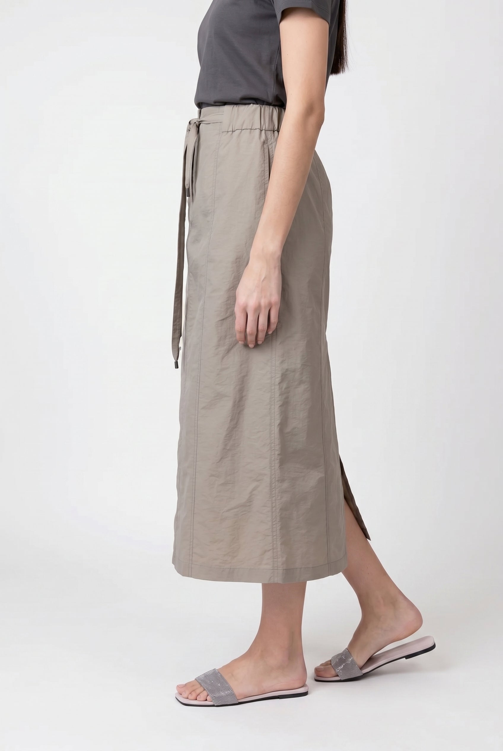 BRUNELLO CUCINELLI WOMEN'S OLIVA COTTON BLEND MIDI SKIRT WITH TIE