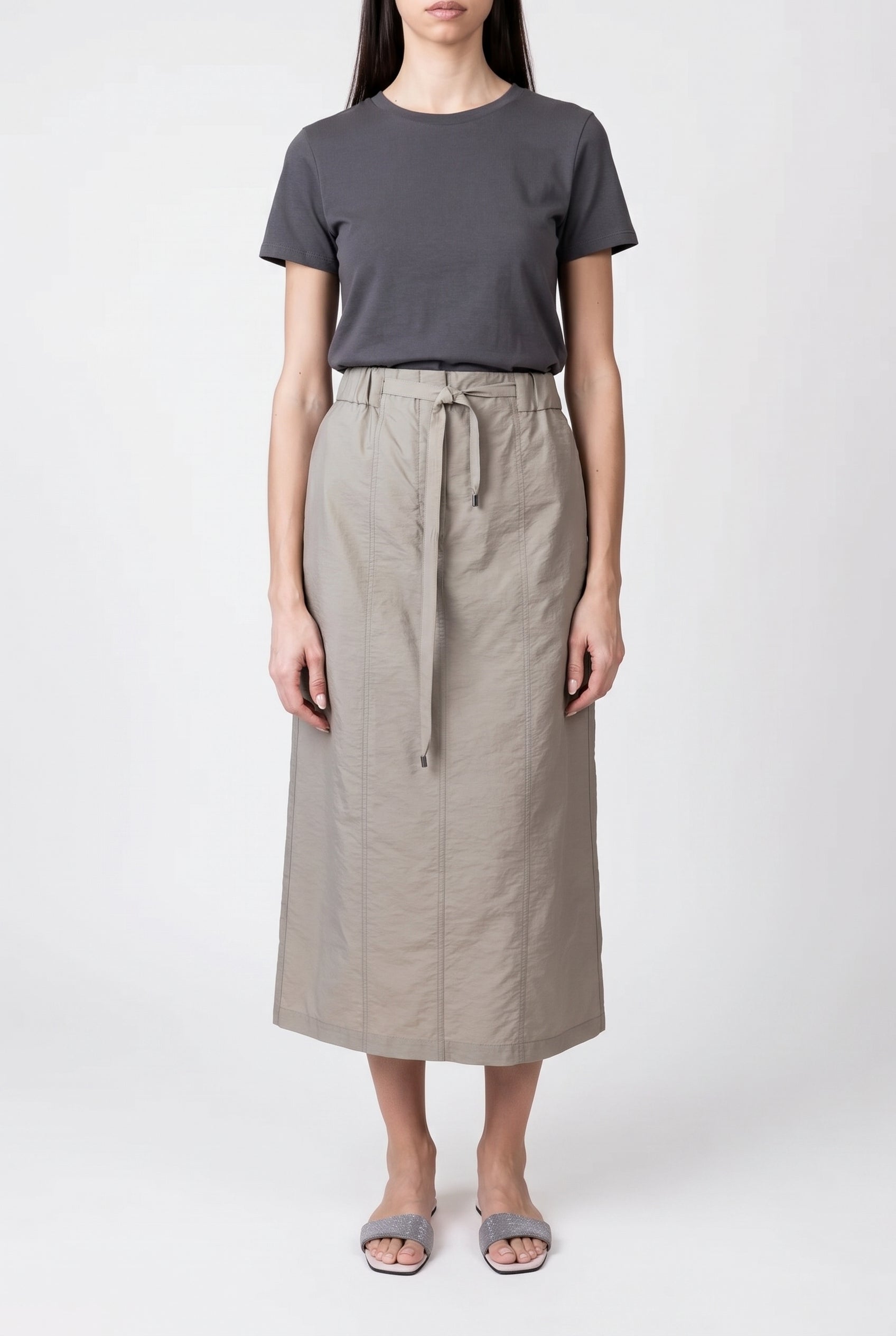BRUNELLO CUCINELLI WOMEN'S OLIVA COTTON BLEND MIDI SKIRT WITH TIE